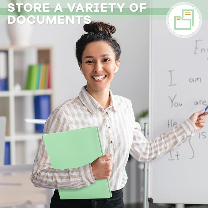 Henoyso 36 Pcs Plastic Folder with Clear Front Pocket and 3 Prong Plastic Folders with Card Slot Pocket Folders with Prongs for School Office (Light Green)