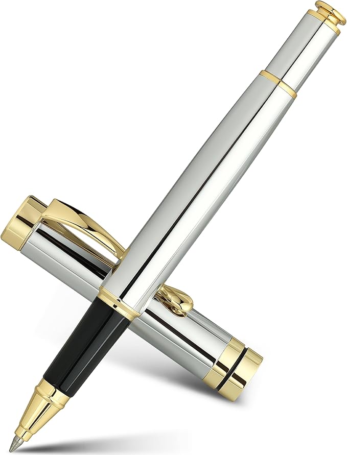 BEILUNER Ballpoint Pens, Stunning Bright Silver Chrome Metal Pen with Golden Trim, Fancy Ball Pen Gift Set for Men & Women, Graduation, Executive, Office, Nice Gift Box with 0.5mm Black Spare Refill
