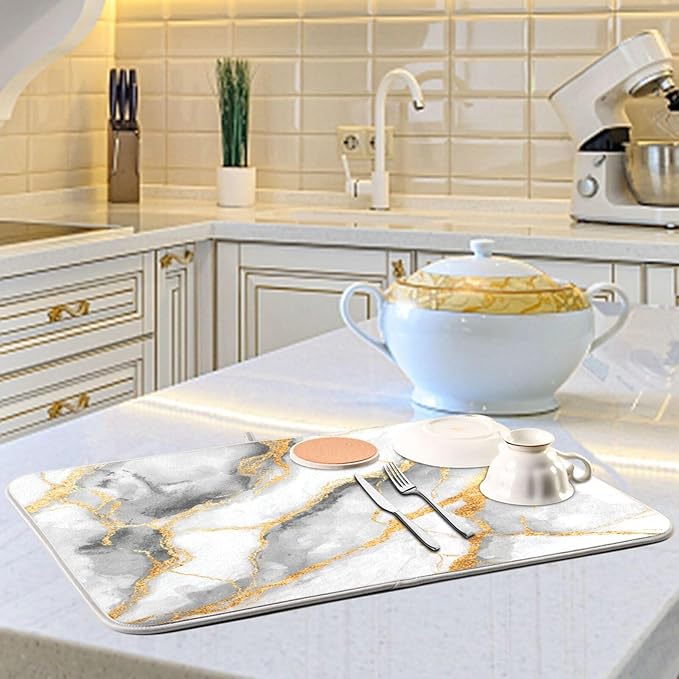 White Marble Dish Drying Mat for Kitchen Counter 18 x 24 Inch Gold Marbling Granite Absorbent Microfiber Dry Dishes Mats Drainer Mat Dish Drying Pad for Countertops