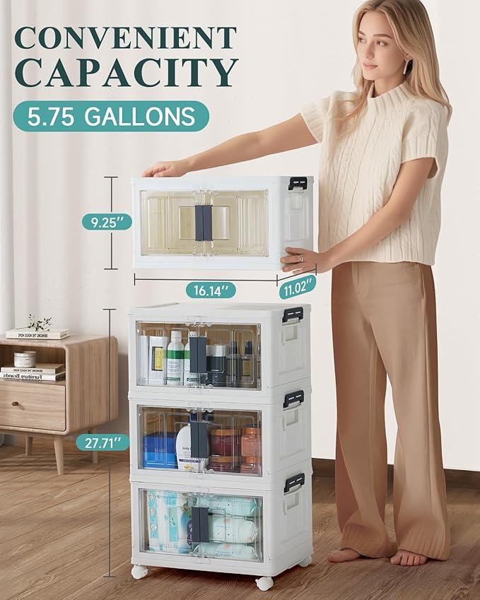 OlarHike 23QT Stackable Storage Bins with Lids - Folding Storage Box with Doors and Wheels, Collapsible Plastic Storage Bins for Closets and Organization, Christmas Gifts, 3 Pack Cubes