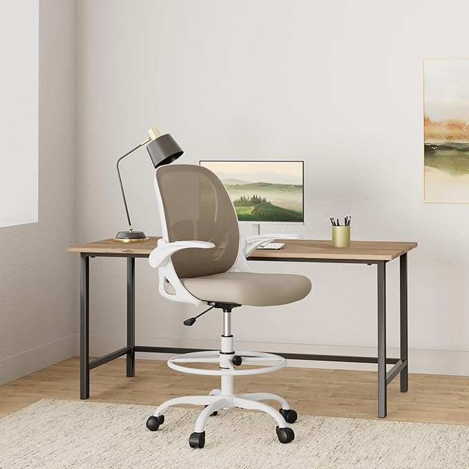 Primy Drafting Chair Tall Office Chair with Flip-up Armrests Executive Ergonomic Computer Standing Desk Chair with Lumbar Support and Adjustable Footrest Ring（Khaki）