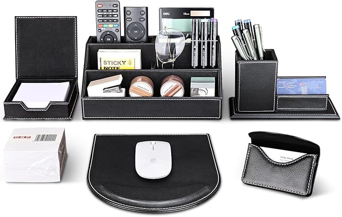 KINGFOM T31-6PCS/SET Office Desktop Decor Organizer Supplies Set PU Leather Remote Control Collection Holder, Pencil Box, Business Card Holder, Mouse Pad, Sticky Notes Paper and Dispenser