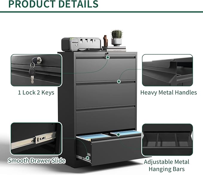 Lateral File Cabinet 4 Drawer, Metal File Cabinets for Home Office Legal/Letter A4 Size, Filing Cabinet with 4 Lock, Require Assembly, Black