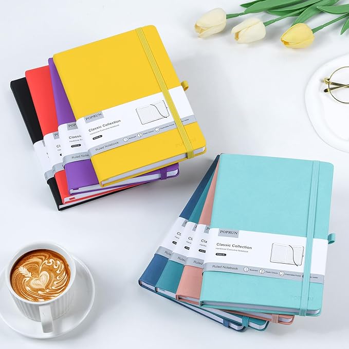 POPRUN A5 Lined Journal Notebooks, 8 Pack PU Leather Hardcover Notebook for Writing, Business Work,Travel,School,College, 5.5 x 8.3 inch, 240 Pages Classic College Ruled Journals Notepad, Multicolored