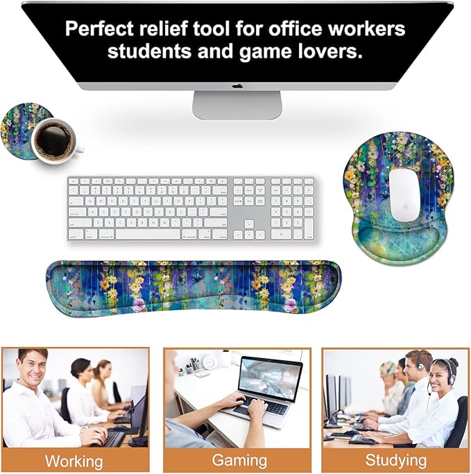ArtSo Mouse Pad Keyboard Wrist Rest Support Ergonomic, Upgraded Cushion Mousepad Gel Memory Foam Non-Slip Rubber Base Pain Relief & Easy Typing for Home,Office, Oil Painting Flowers