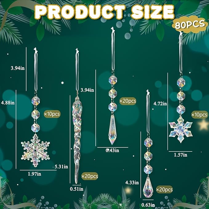 80pcs Christmas Crystal Snowflake Ornaments for Tree - Iridescent Christmas Acrylic Snowflakes Drop Icicle Pendants Hanging Ornaments for Xmas Tree Winter Holiday Frozen Wedding Party Decorations
