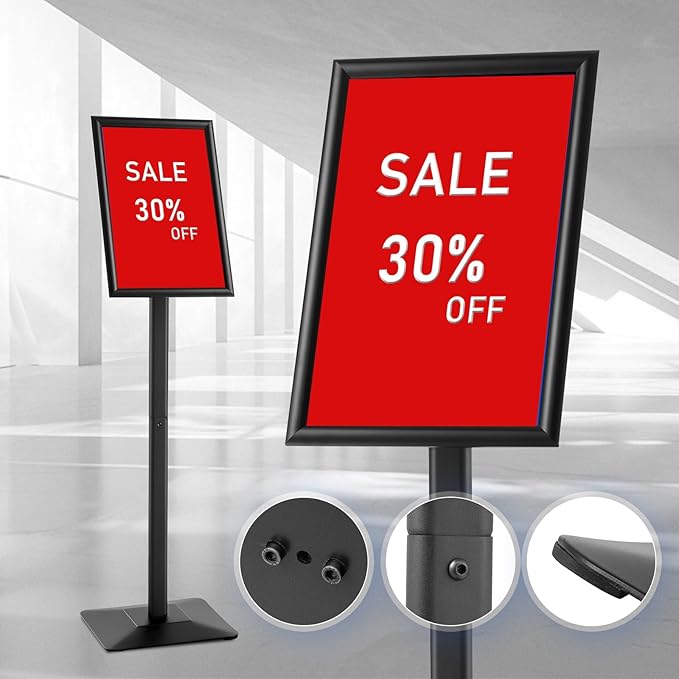DISPLAYSWORKER Adjustable Heavy Duty Pedestal Sign holder floor Stand,sign stand poster stand Aluminum Snap Open Frame,Standing Floor for 8.5x 11 inch,Vertical/Horizontal View,Black