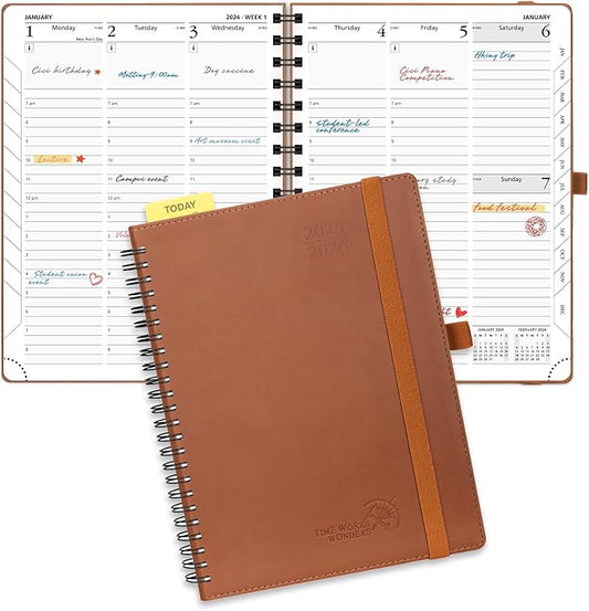POPRUN Planner 2025-2026 (Medium - 6.5'' x 8.5'') Academic Weekly Calendar (July 2025 - June 2026) with Hourly Time Slots, Monthly Tabs, 100GSM Thick Papers, Spiral Leather Cover - Brown