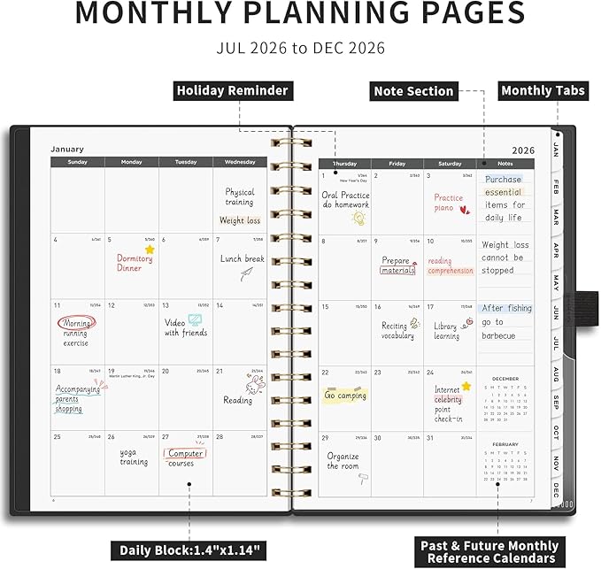 AHGXG 2026 Planner, Weekly and Monthly, Jan 2026 - Dec 2026, 12 Months, 2026 Calendar Planner Book with Tabs for Men Women School Home Office Supplies, A5 (6" X 8.38"), Black
