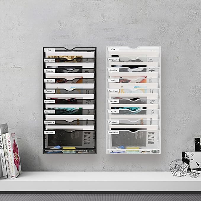 10 Tier Hanging Wall File Holder, Metal A4 Wall Mounted Document Holder, Vertical Hanging Mail Organizer, Magazine Storage Rack With Tray For Office Home Classroom, Black
