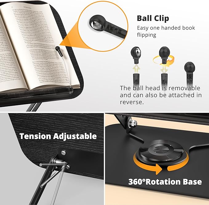 Book Stand for Reading, Adjustable Book Holder with 360° Rotating Bases, Foldable Designs, and Elastic Clips, Multifunctional Display Stand for Recipe, Cookbooks, Magazines, Tablets (Black)