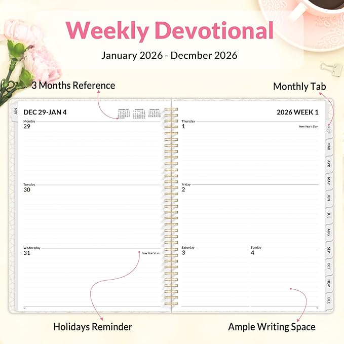 SUNEE Planner 2026 Weekly and Monthly, January 2026-December 2026, 8.5"x11", Tabs, Note Pages,Spiral Binding, Watercolor Flowers