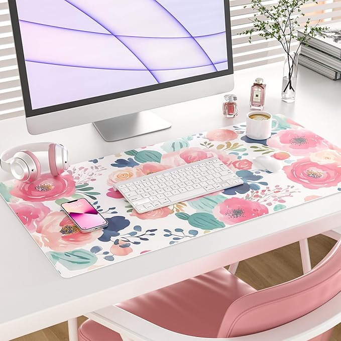 Colorful Star Large Mouse Pad, Pink Floral Desk Mat for Desktop, Women Girls Flowers PU Leather Waterproof Desk Pad, Computer PC Laptop Protector Gaming Mouse Pads for School Office Home 31.5" x 15.7"