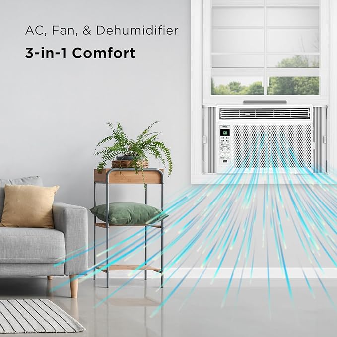 TCL H6W23W 6,000, 115V, AC for Rooms Unit 6000 BTU Window Air Conditioner, Fan & Dehumidifier, 250 Sq. Ft, Remote Control, Easy-to-Use, Reusable Filter, White