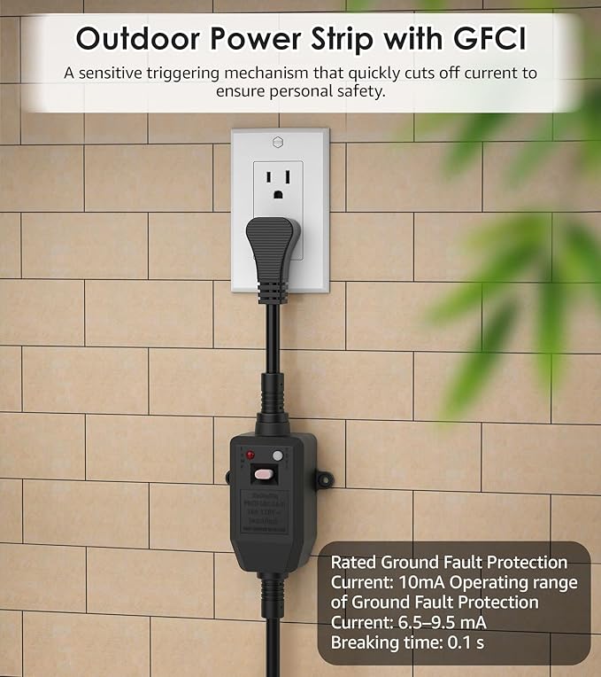 CCCEI GFCI Outdoor Power Strip Weatherproof with 8 AC, Waterproof Extension Cord with Multiple Outlets, Wall Mount Surge Protector Flat Plug, Christmas Exterior Garden, Yard, 10FT, Yellow.