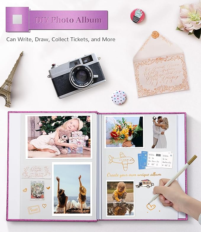 Photo Album Self Adhesive Scrapbook Album for 3x5 4x6 5x7 8x10 Pictures,120 Pages Linen Cover with Display Window DIY Photo Book,Ideal Gifts for Family Travel Wedding Baby