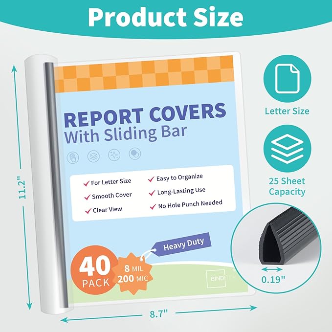 Binditek 40 Pack Heavyduty Clear Report Covers with Sliding Bars, 25 Sheet Capacity, 5mm Sliding Bar File Folder Binder, Letter Size, 8 Mil Thick, Black, for Students and Coworkers