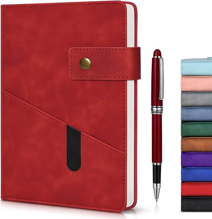 Red A5 Lined Leather Journal Notebook for Men Women,5.9" X 8.4" Personalized Hardcover Journal with Pen,200 Pages 100 Gsm Thick Ruled Paper Daily Diary for Travel,Business,Work,Writing