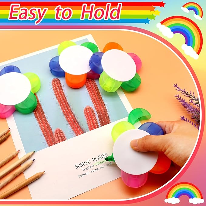 Petal Highlighters 8 PCS Multicolor Highlighter Pens with 5 Vibrant Colors 5 in 1,Flower Shape Fluorescent Pens, Portable & Smooth Writing for School Office Stationery Supplies