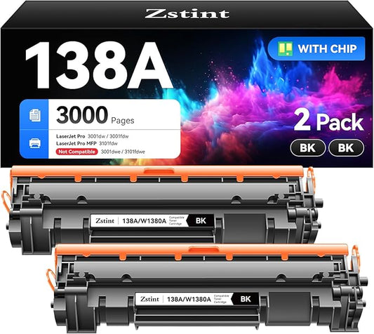 138A W1380A Black Toner Cartridge Set 2-Pack High Yield with Chip Replacement for HP 138A W1380A 138X W1380X Cartridge Compatible with HP Laser Jet Pro 3001dw 3001fdw MFP 3101fdw Series Printer Toner