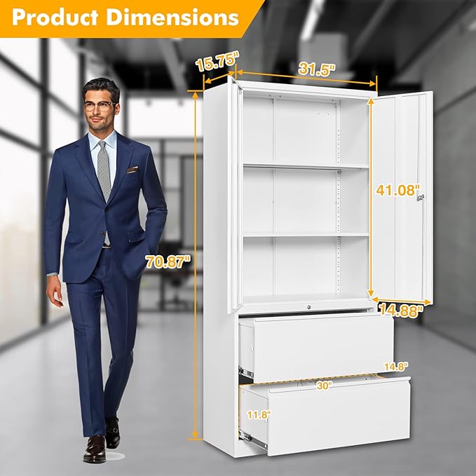 STANI 2 Drawer Lateral File Cabinet, Metal Storage with Drawers, Locking File Cabinet with Shelves, Metal Storage Cabinets for Letter/Legal/F4/A4 Size Files