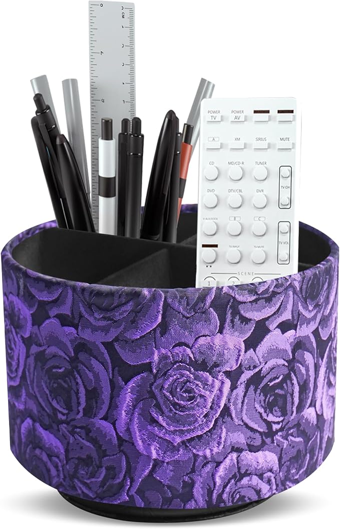QIELIZI Round Leather Art Supply Organizer,Remote Control Holder,360 Degree Rotating,Multi-Functional Pencil Holder,4 Compartments Desktop Stationary Organizer(1-3D Rose Purple)
