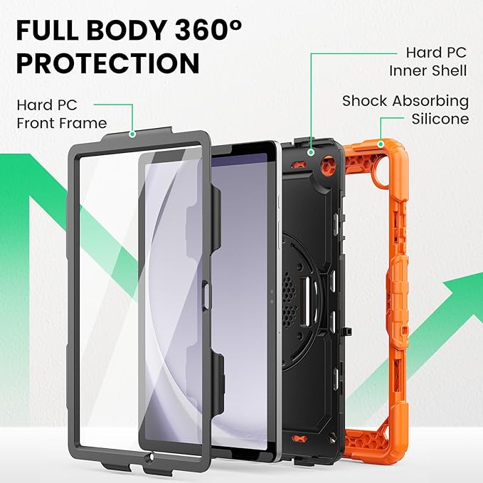 SEYMAC Case for Samsung Galaxy Tab A9+/ A9 Plus 11" (SM-X210/X216/X218), Heavy Duty Shockproof Protective Case with Screen Protector, Rotating Stand, Hand/Shoulder Strap, Orange