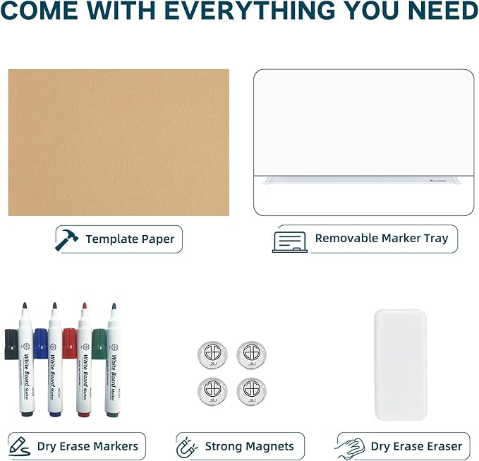 J&J worldwide Magnetic Glass Whiteboard 6' x 3' Ultra White, Large Frameless White Boards for Walls 70 x 35 Inches, Large Dry Erase Board for Office, Home, School