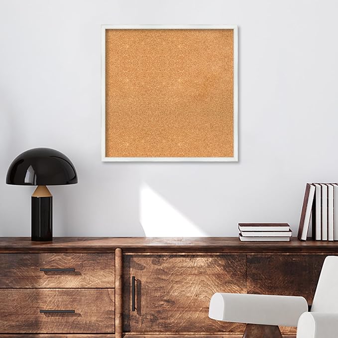 Amanti Art Natural Cork Board for Wall, 25x25 Vision Board with White Frame, Medium Corkboard Office Decor for Home Organization, Country Rustic Corkboard Pinboard to Display Items for Home