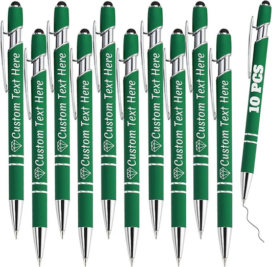 Personalized Pens Bulk 10 with Name Custom Engraving Ballpoint Pens with Stylus Tip Customized Smooth Writing Pens Personalized Gifts for Anniversary Birthday or Graduation(Dark Green,Black Ink)