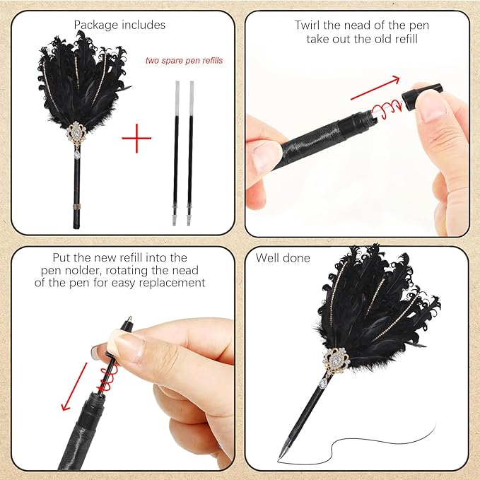 CROWN GUIDE Luxury Feather Quill Pen with Shiny Rhinestones & Curled Goose Feathers- Wedding Guest Book Pen, Great Gatsby/HP Party Supplies, Bridal Shower Gift with Rose Gold Heart Charm (13.8",Black)