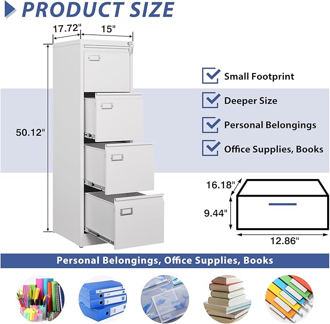 4 Drawer File Cabinet, Filing Cabinets for Home Office, Metal Vertical File Storage Cabinet with Lock, Locking File Cabinet for A4 Legal/Letter, 15" W x 17.7" D x 50.1" H, Assembly Required