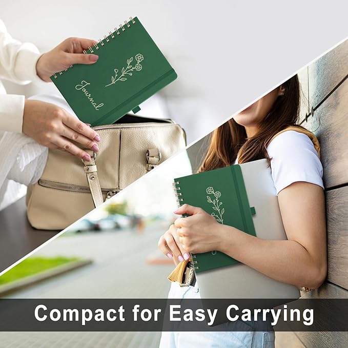 EMSHOI B5 Bullet Dotted Journal Notebook -140 Pages 100GSM Dot Grid Paper, Vegan Leather Floral Cover with Spiral Binding for Bullet Journaling, Bible Study, Work & School - Includes Ruler -Dark Green