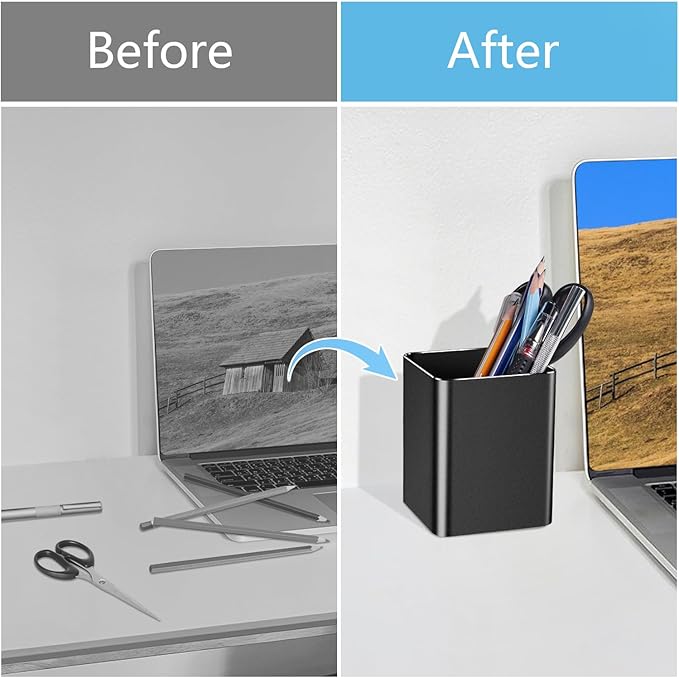 Pen holder,square pen cup, Metal pen pencil holder, desktop pencil cup stationery organization office desktop accessories, suitable for office, school, home and stationery supplies. (Black)