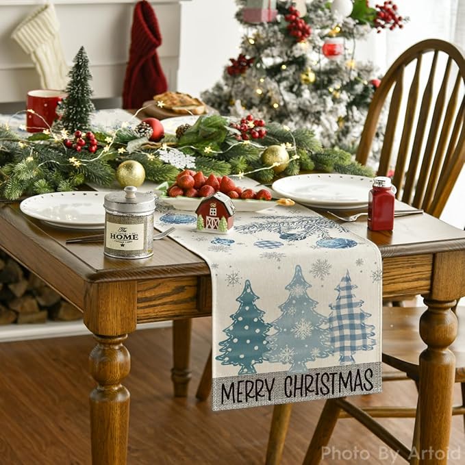 Artoid Mode Blue Pine Trees Merry Christmas Table Runner, Winter Xmas Holiday Kitchen Dining Table Decoration for Home Party Decor 13x36 Inch
