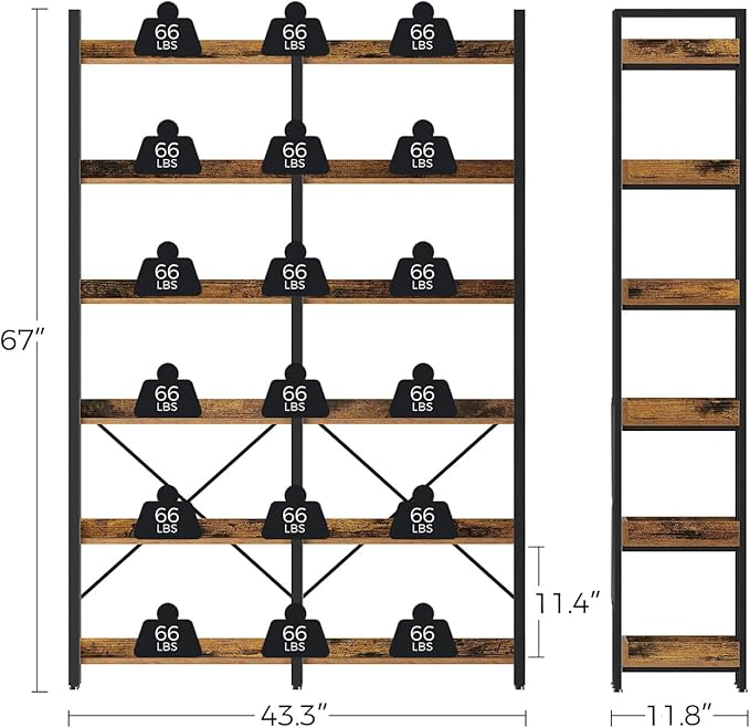 Seventable Bookshelf 6 Tier with 4 Hooks, 67” Industrial Wooden Bookcase, Vintage Storage Rack with Open Shelves, Rustic Standing Bookshelves Metal Frame 43.3” Wide Display Rack, Rustic Brown
