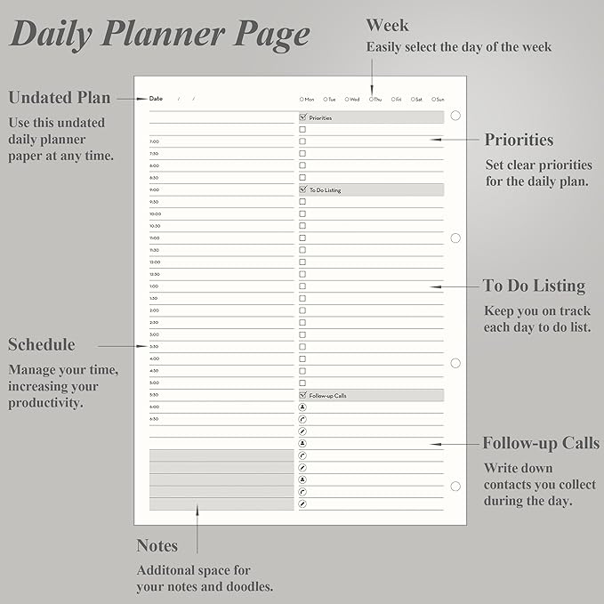 EMSHOI Undated Daily Planner 9.2" X 12", Large To Do List Notepad, 240 Refill Pages Ring Binder Planner, Hardcover Leather Appointment Book for Work, with Yearly Schedule, Habit Tracker, Black