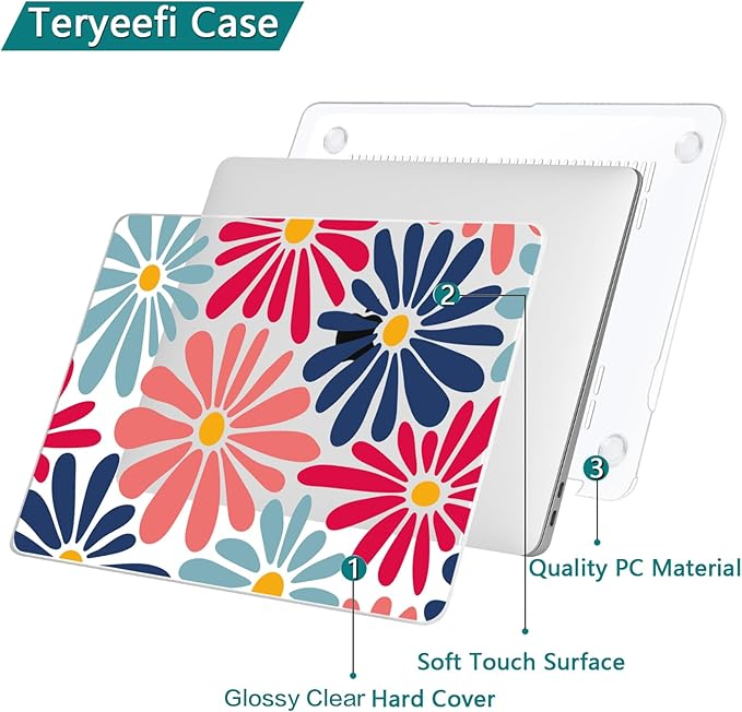 Teryeefi for MacBook Pro Case 13 inch 2022 2021 2020-2016 Release A2338 M2/M1 A2251 A2289 A2159 A1989 A1706, Clear Laptop Hard Shell with Keyboard Cover & Trackpad Film & Type C Adapter,Flowers W129