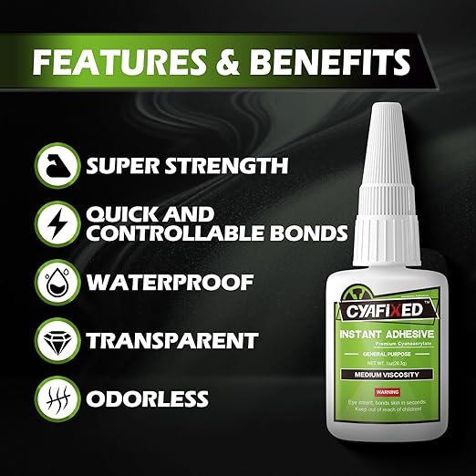 Super Glue Liquid, Instant Clear Cyanoacrylate Medium Viscosity Adhesive, Food Safe CA Glue for Shoe Repair Leather Ceramic Plastic Glass Metal Wood Aquarium Porcelain Rubber Pottery Model Craft