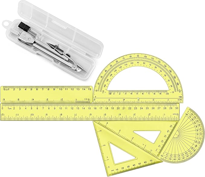 Zonon 1 Set Plastic Geometry Math Set Includes Drawing Compass, 6 Inch 4 Inch Protractor, 45/60 Degree Triangle Rulers 12 Inch 6 Inch Math Ruler Transparent for Office Supplies(Yellow)