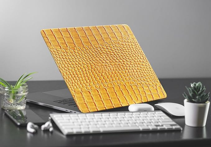KEROM Compatible with Crocodile MacBook Air 13 Inch Case 2025-2022 M4 M3 M2 A3240 A3113 A2681, Textured Elegant Luxury Aligator Skin Snakeskin PU Leather Hardshell Case & Keyboard Cover, Yellow