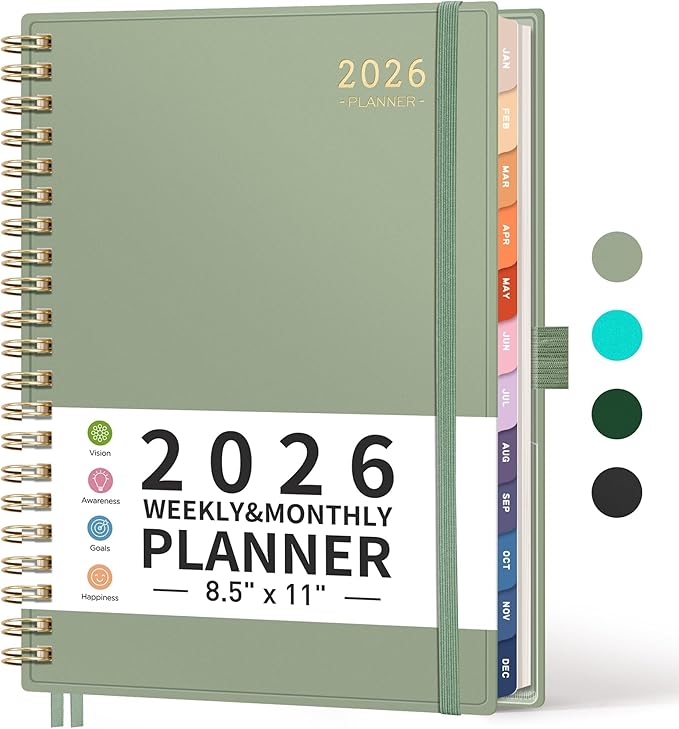 RETTACY 2026 Planner, Weekly and Monthly, Large Size (8.5" x 11"), Jan - Dec 2026, Agenda, Calendar, 12 Month Tabs, Flexible Plastic Cover, 100 GSM Thick Paper, Spiral-bound (Light Green)