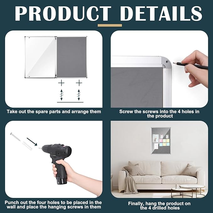 Suzile 1 Pcs Gray Enclosed Bulletin Board Lockable Cork Case Notice Board Aluminum Framed Waterproof Locking Cabinet with Mounting Screws for School Class Office Wall Display Pictures 48x36 Inch