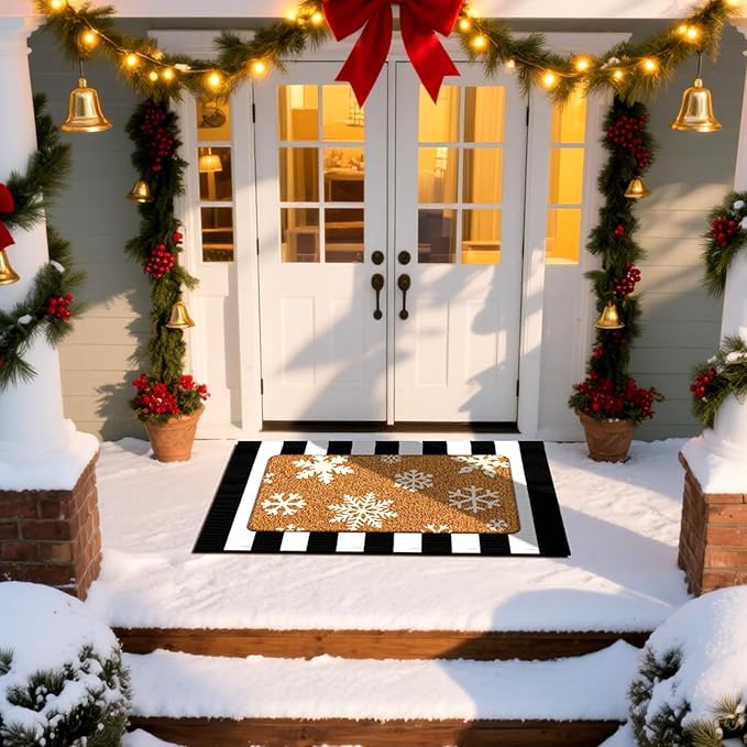 2 Pcs Christmas Door Mat Outdoor Winter Snowflake Nature Coir Welcome Outdoor Rug Black White Stripe Winter Christmas Front Porch Rugs Non Slip Floor Mats Indoor Entrance Decor