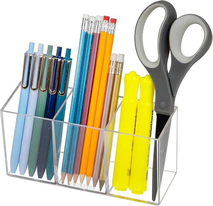 Mind Reader Pen and Accessories Holder, Desktop Organizer, Makeup Organizer, Office, Acrylic, 7" L x 2.5" W x 3.5" H, Clear