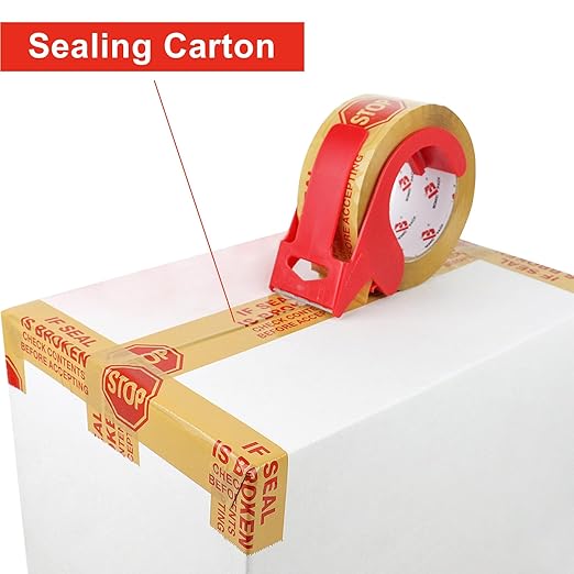 Stop Sign Sealing Tape Pre-Printed " IF SEAL IS BROKEN,CHECK CONTENTS BEFORE ACCEPTING" ,Heavy Duty Packing Tape with Dispenser 2 Inch x 110 Yards,Packaging Tape for Moving and Shipping (Brown)