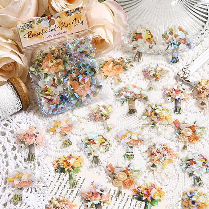 MAFELOE 30 Pieces PET Scrapbook Stickers of Bouquets Theme, Aesthetic Deco Supplies for Junk Bullet Journaling Card Making Daily Planner-Champagne Orange (D-Y4-AYSQ)