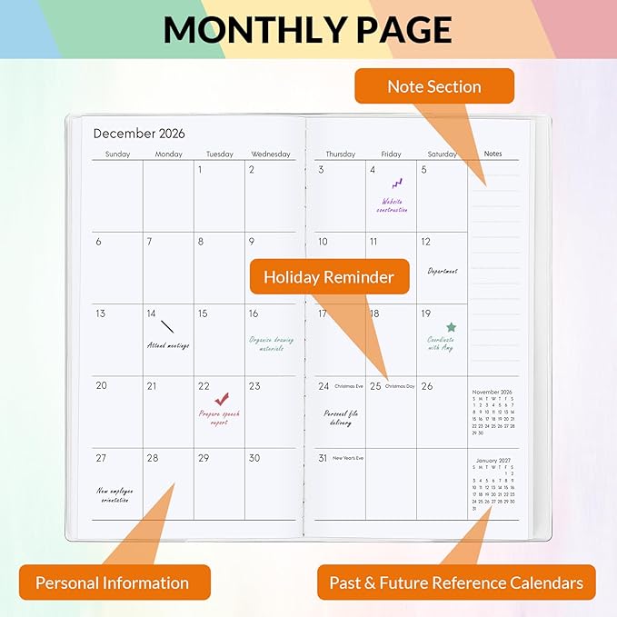 Pocket Calendar 2026-2027, Rainbow Monthly Planner 2025-2027 - 3.7" x 6.7" - Runs from July 2025 Until December 2027, Pocket Calendar 2026 with PVC Cover for School, Home & Office Supplies