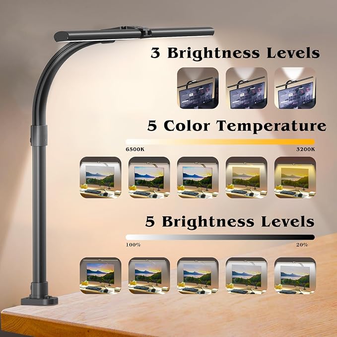 Led Desk Lamp for Home Office,24W Bright Eye-Caring Desk Light with Clamp,5 brightness and 5 temperatures Dimmable Workbench Task Light, Adjustable Gooseneck Table Lamp for Monitor Study(black)