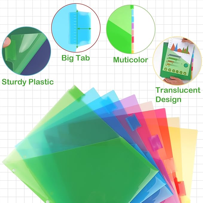 3 Ring Binder Dividers with Pockets, 8 Tab Plastic Dividers for 3 Ring Binders, Heavy Duty Binder Dividers with Blank Write Tabs for School Office Document Indexing and Protection, Multicolor